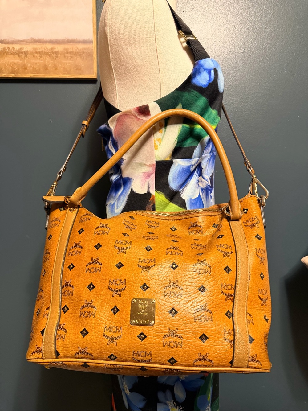 Rare MCM Studded Visetos Cognac Logo Tote Shoulder Bag